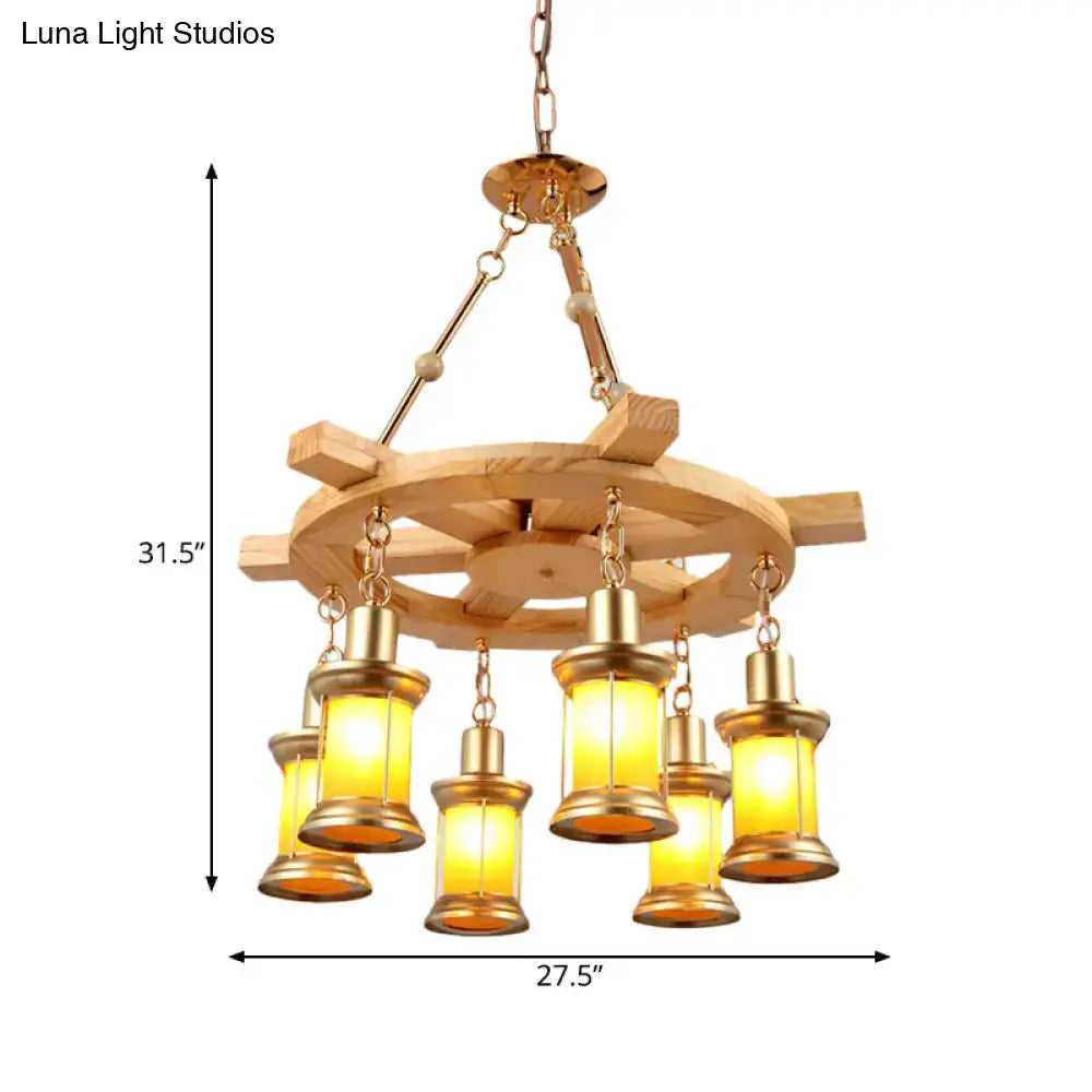 DecorBites noemi industrial pendant chandelier with rustic wood rudder, brass accents, and amber glass lanterns
