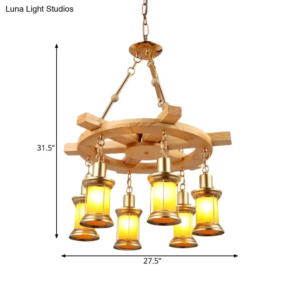 DecorBites™ noemi 6-light industrial pendant chandelier with rustic wooden ship wheel and amber glass lanterns