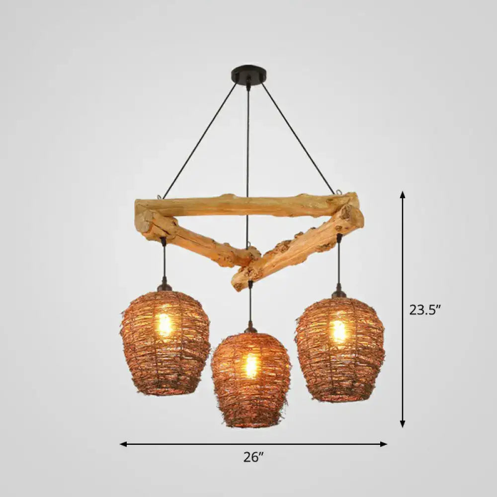 Rustic driftwood ceiling light with three woven wicker shades and a brown branch design inches wide by decorbites