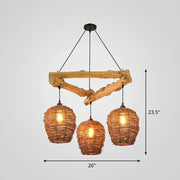 Rustic driftwood ceiling light with three woven wicker shades and a brown branch design inches wide by decorbites