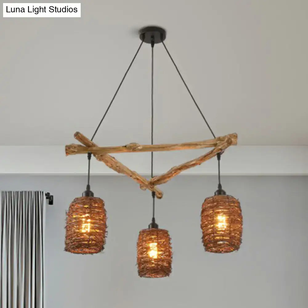 Rustic decorbites nordic ceiling light with brown branch driftwood and three woven wicker shades inches wide