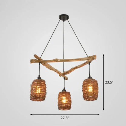 Rustic wooden branch ceiling light with three woven brown lampshades 35 inches wide perfect for bedrooms