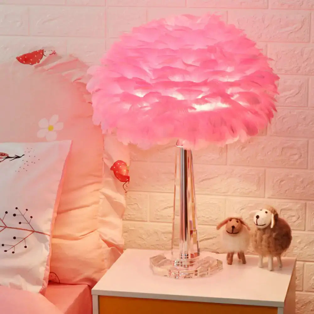 DecorBites™ nordic bedside table light with soft pink feather shade, crystal accent, and sleek chrome base