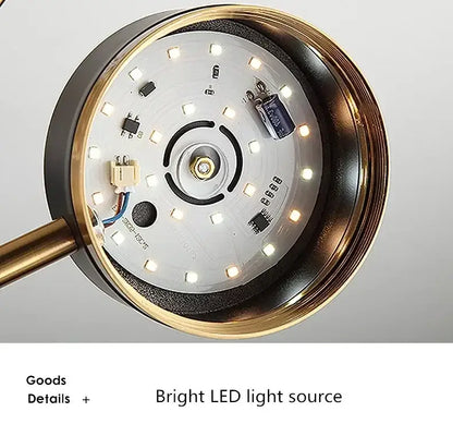 Back side of a circular brass-finished nordic black gold pendant light with bright white leds for living room decor