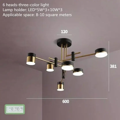 Modern pendant light with six adjustable led heads in nordic black gold finish for living room decor by DecorBites