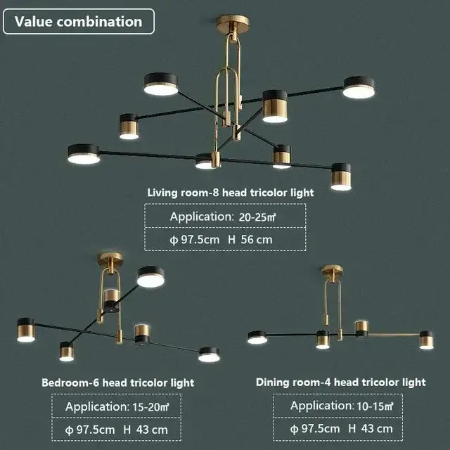 DecorBites™ nordic black gold pendant light with brass and black tricolor arms and circular bulbs for living room decor