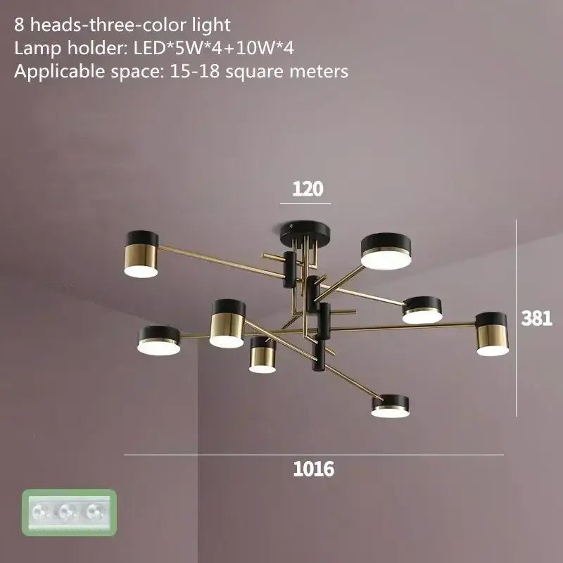 Modern nordic black gold pendant light by DecorBites with eight sleek lamp heads for living room decor