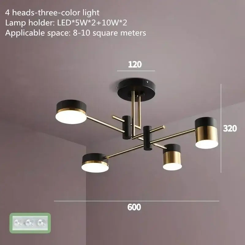 DecorBites™ nordic black gold pendant light with four cylindrical led heads for modern living room decor