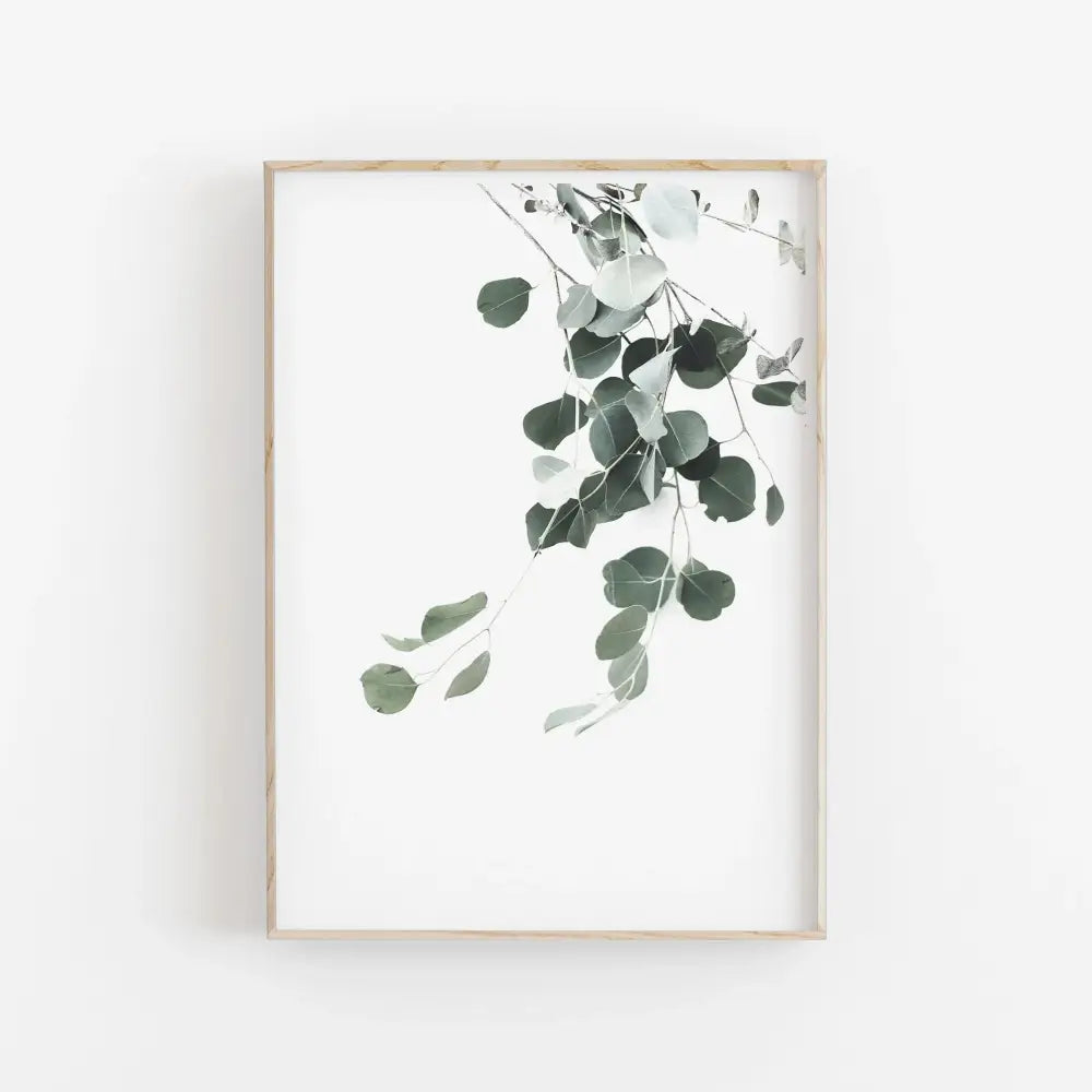 Decorbites™ nordic botanical poster canvas art featuring eucalyptus palm in green shades with light wood frame on white background