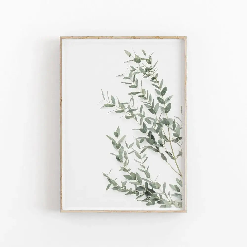 A nordic botanical poster featuring delicate eucalyptus branches in soft green tones on canvas with light wood frame