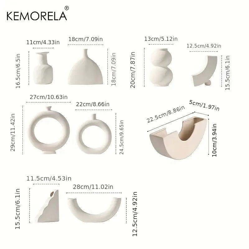 Set of minimalist white nordic ceramic vases in abstract sculptural shapes for elegant home decor accent
