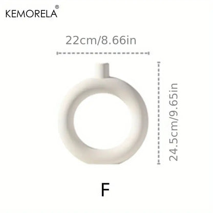 White ceramic nordic ceramic vase ring shaped with small handle branded kemorela for home decor accent