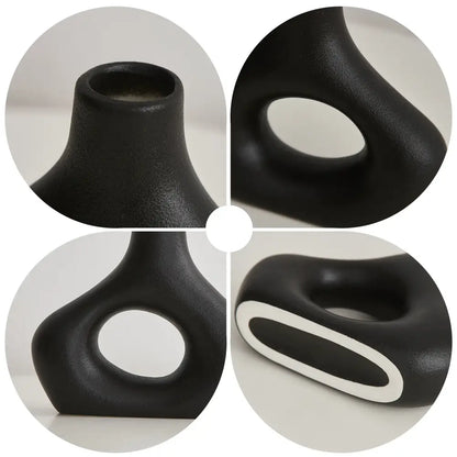 Black ceramic vase with smooth matte finish and abstract oval opening by DecorBites™ nordic ceramic vases home decor