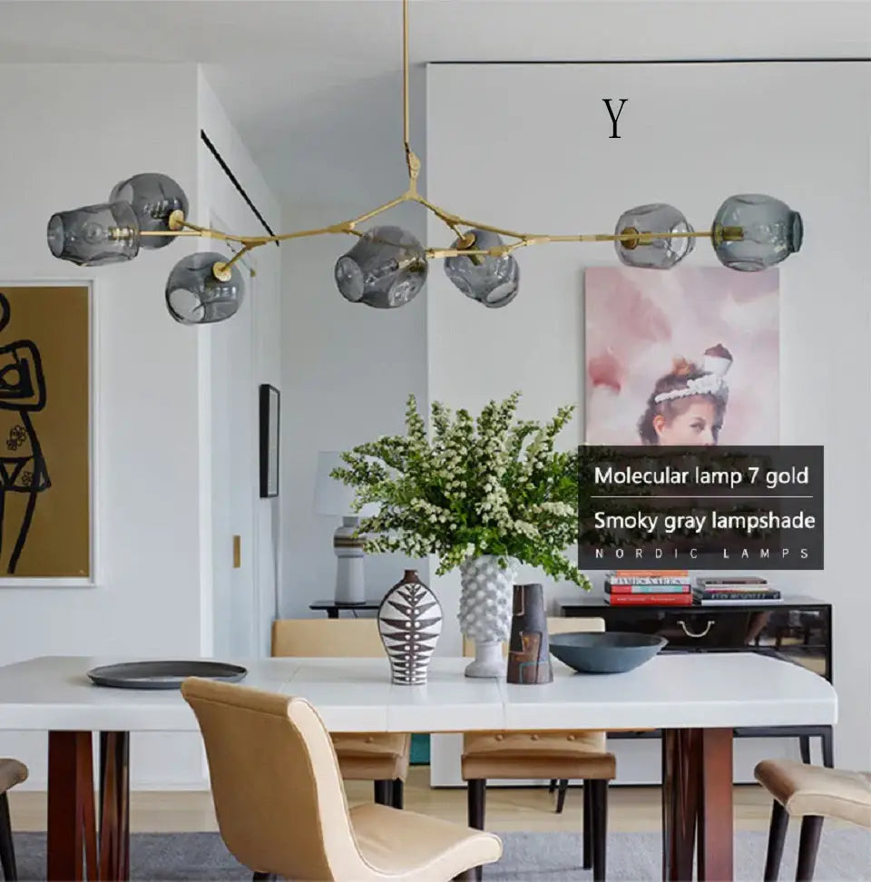 Gold-toned molecular nordic chandelier with smoky gray glass lampshades hanging light fixture for living room