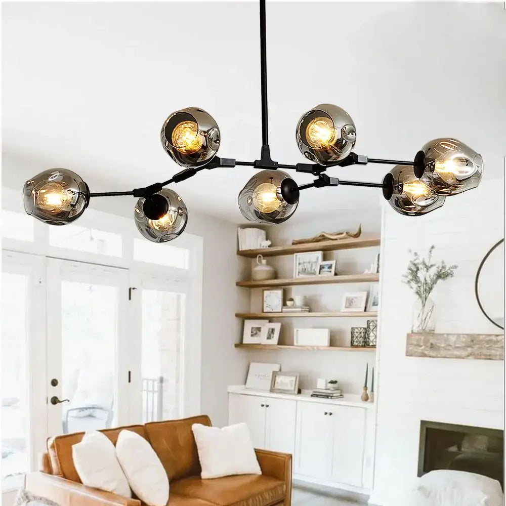 DecorBites™ nordic chandelier black metal hanging light fixture with seven frosted globes for living room lighting