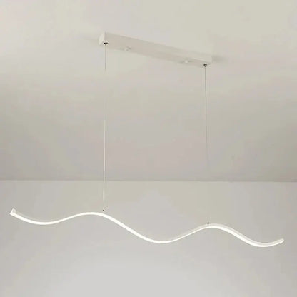 Modern white led pendant light with sleek wavy design and minimalist rectangular ceiling mount for dining room decor