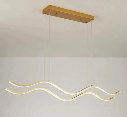 Gold-toned modern pendant light with two wave-shaped led strips for dining room lighting by DecorBites™ nordic chandeliers