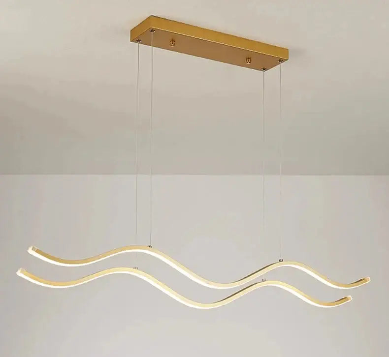 Gold-toned modern pendant light with two wave-shaped led strips from DecorBites™ nordic chandeliers for dining room lighting