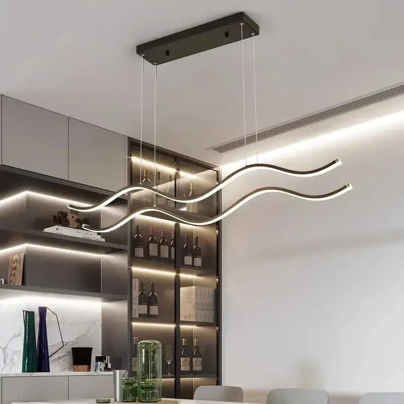 Modern minimalist DecorBites nordic chandeliers with wave-shaped led pendant lights in brushed metal for dining room lighting