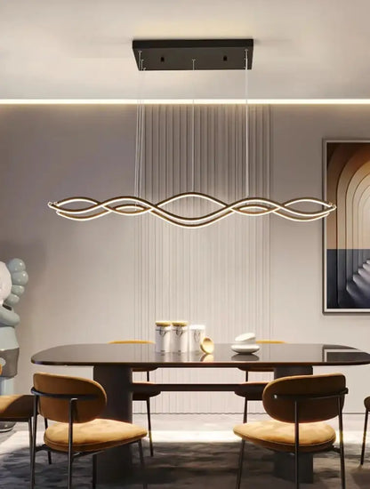 Modern wave-shaped LED pendant lights with sleek black frame and warm white curves for dining room nordic chandeliers