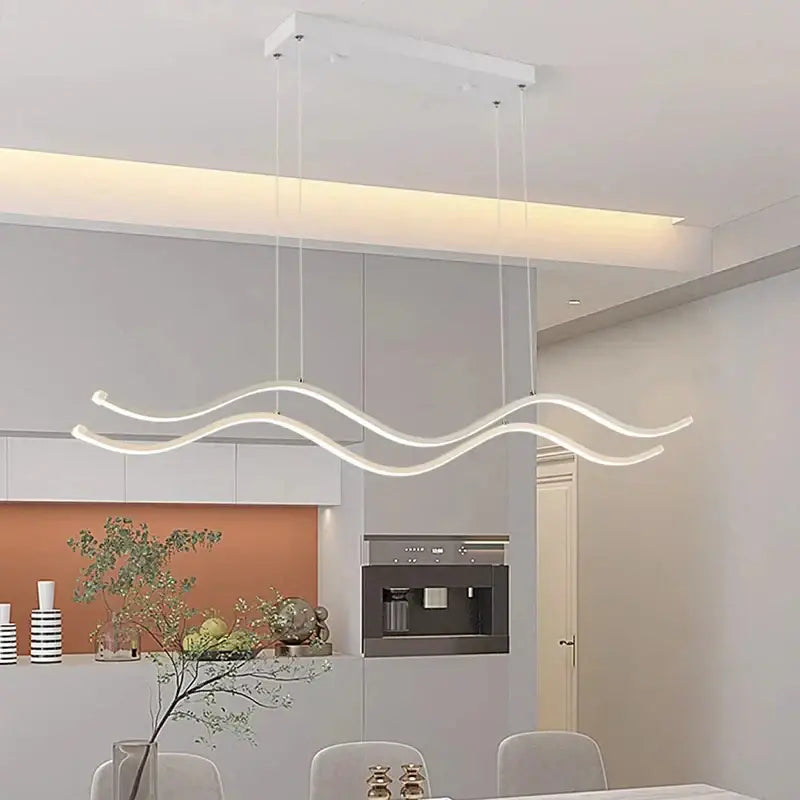 Modern white led pendant light with sleek wavy design from DecorBites™ nordic chandeliers for dining room lighting