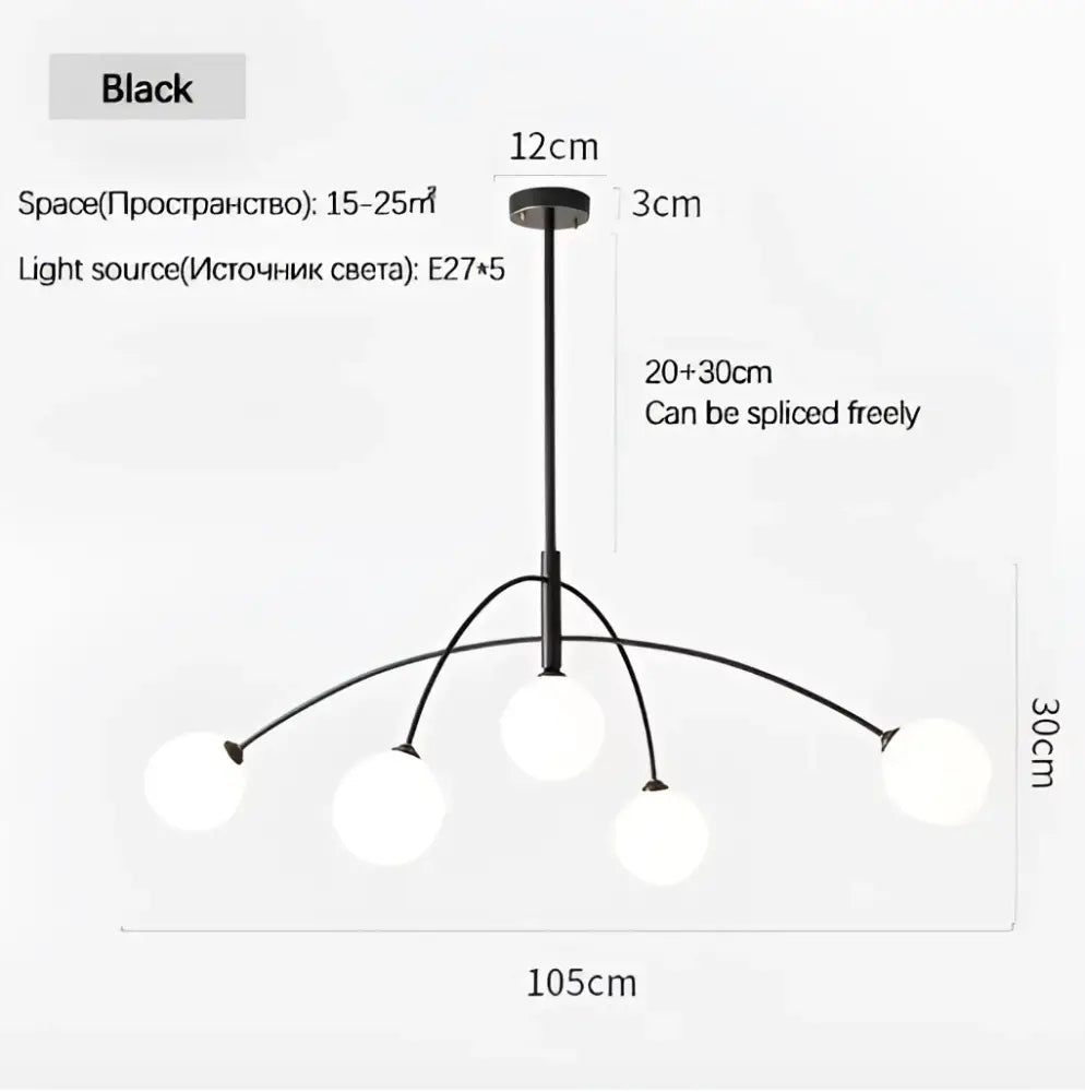 Decorbites™ nordic comet chandelier with five white glass globes and black metal frame for elegant home décor