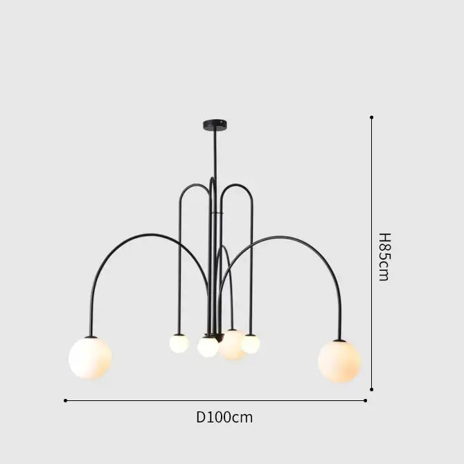 Black metal comet chandelier nordic with curved arms and spherical frosted glass shades for elegant home décor
