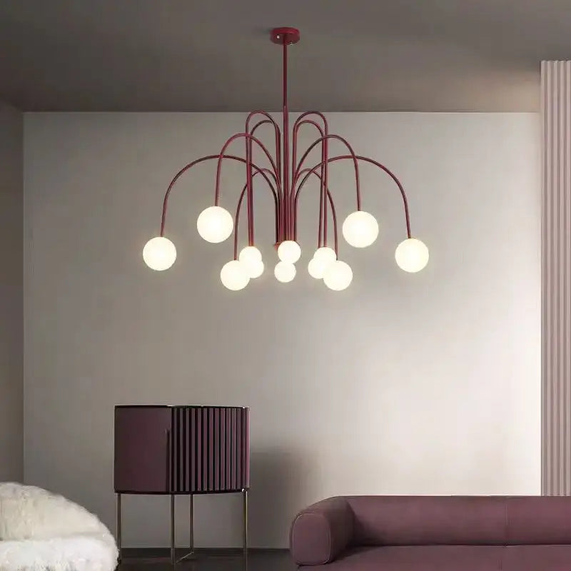 A modern comet chandelier nordic with burgundy metal frame and white glass ball bulbs for elegant home décor