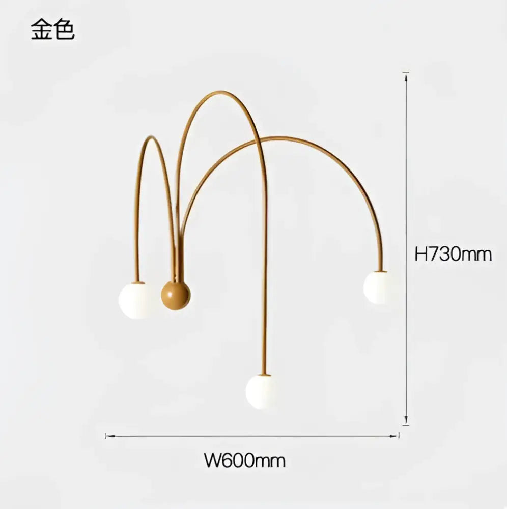 Gold-colored modern floor lamp with three curved arms and white glass shades in a comet chandelier nordic style