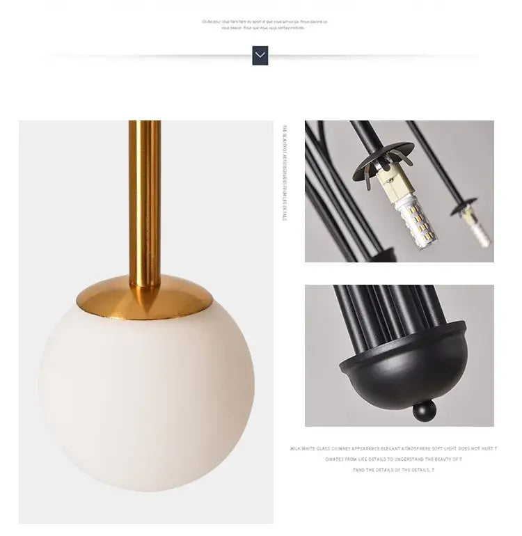 Milky white glass orb pendant light with polished brass stem and black frame in DecorBites comet chandelier nordic design