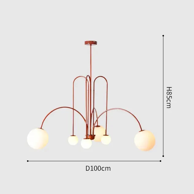 DecorBites™ Nordic comet chandelier featuring copper-toned metal and five spherical glass shades for elegant home décor