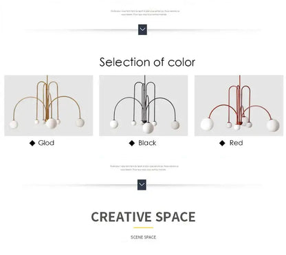 DecorBites™ nordic comet chandelier with curved metal arms and white glass shades in gold black or red finishes