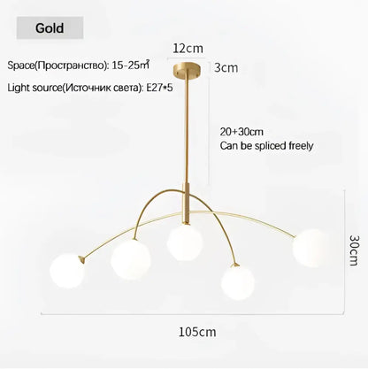 Decorbites nordic comet chandelier with five frosted glass shades and gold-toned curved metal frame for elegant home décor