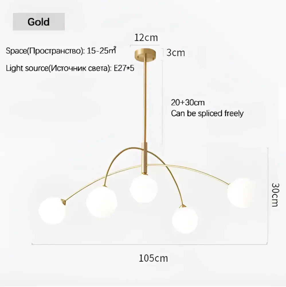 Decorbites nordic comet chandelier with five frosted glass shades and gold-toned curved metal frame for elegant home décor
