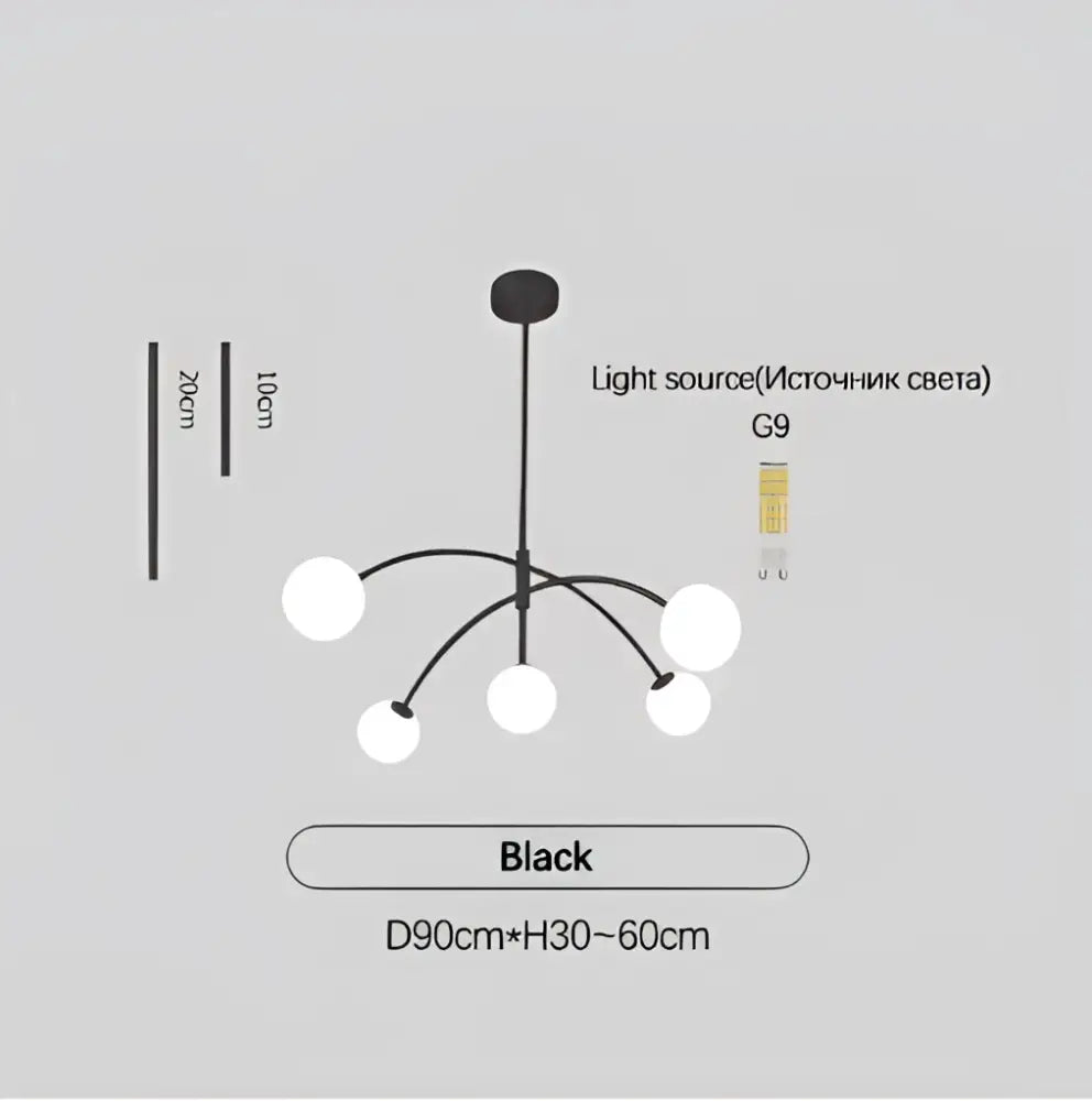 Black modern comet chandelier nordic with five white glass spherical shades and minimalist elegant design for home décor