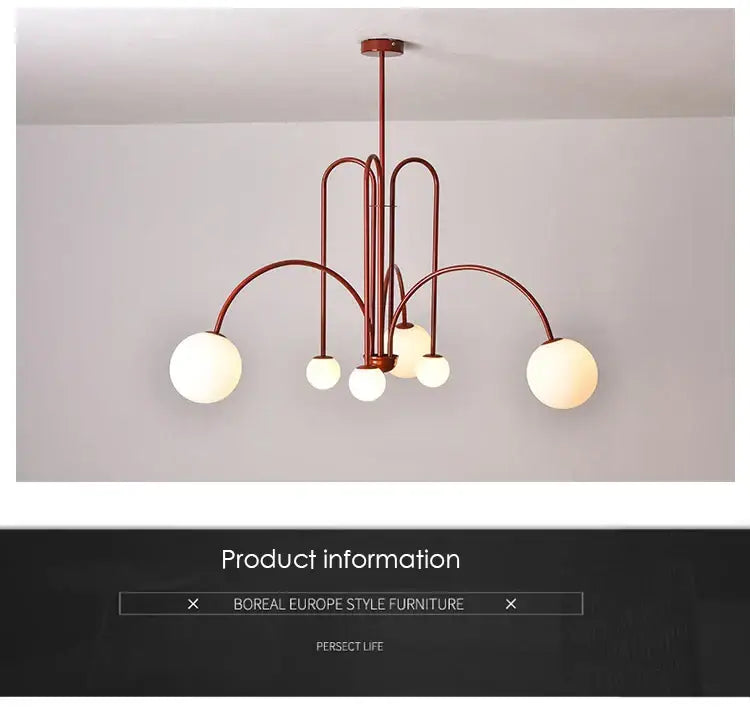 Modern copper-toned DecorBites™ nordic comet chandelier with curved metal arms and frosted glass globe shades