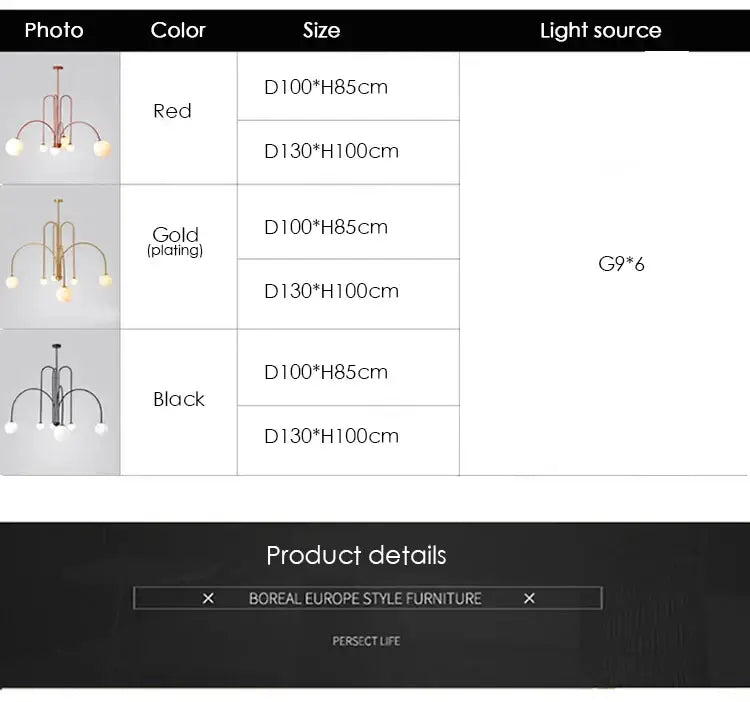 Modern minimalist DecorBites™ Nordic comet chandelier with six frosted glass bulbs and metal arms in red gold or black finishes