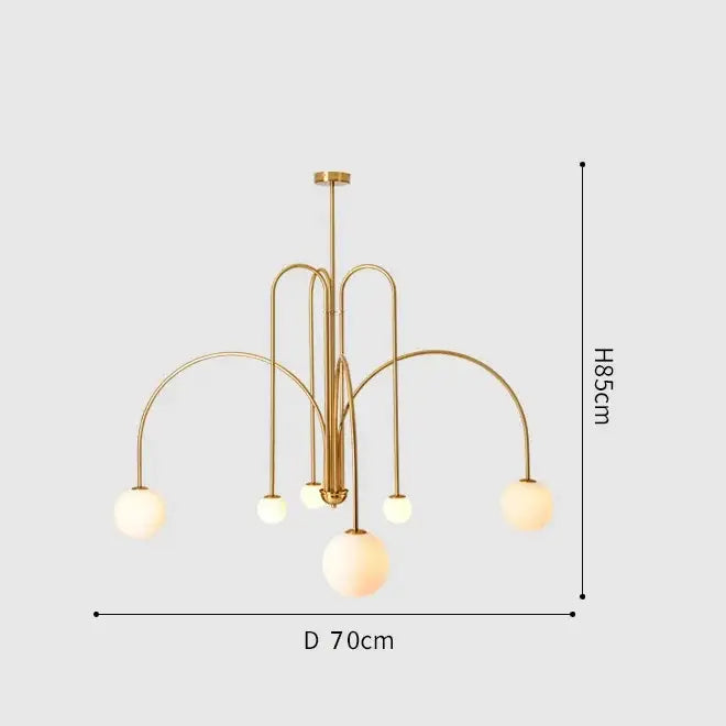 Gold-toned modern comet chandelier nordic with curved arms and frosted glass globe shades for elegant home décor