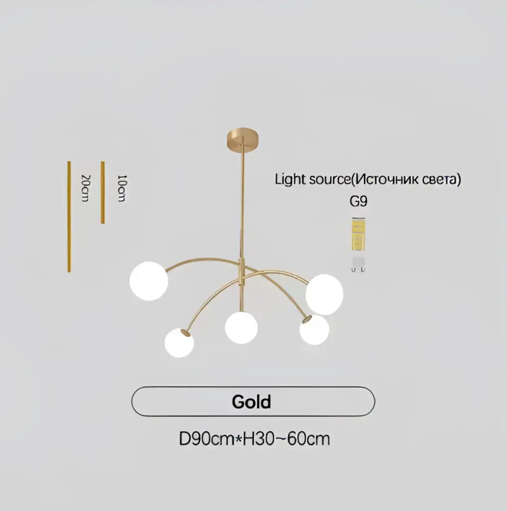 Gold-colored DecorBites™ Nordic comet chandelier with five white glass ball shades and central brass fixture for elegant home décor