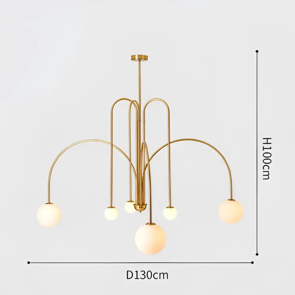 Gold-toned DecorBites™ Nordic comet chandelier with five frosted glass ball shades and curved metal arms