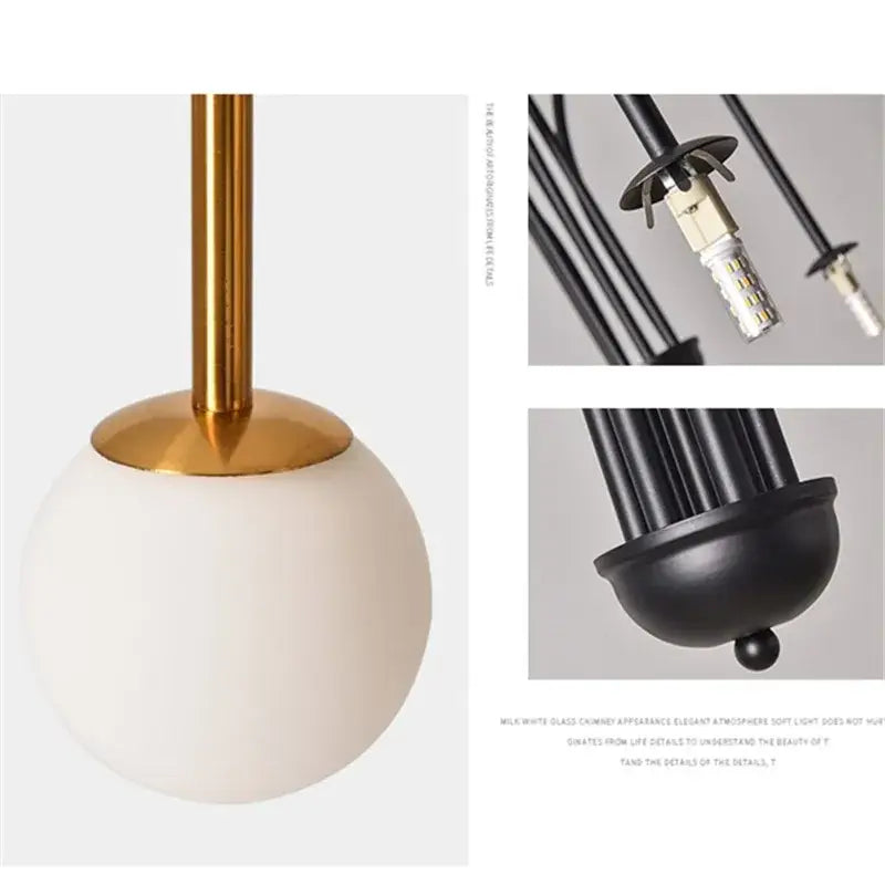 Milky white glass globe pendant light with polished brass stem and black metal fixture in decorbites comet chandelier nordic