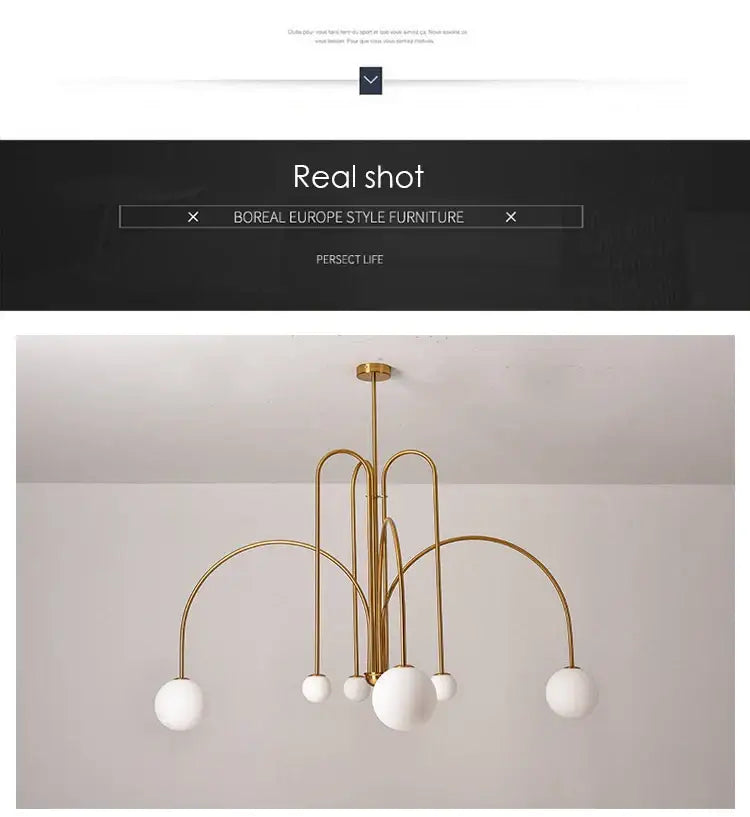 Decorbites™ nordic comet chandelier featuring gold-toned curved metal arms and white glass ball shades for elegant decor