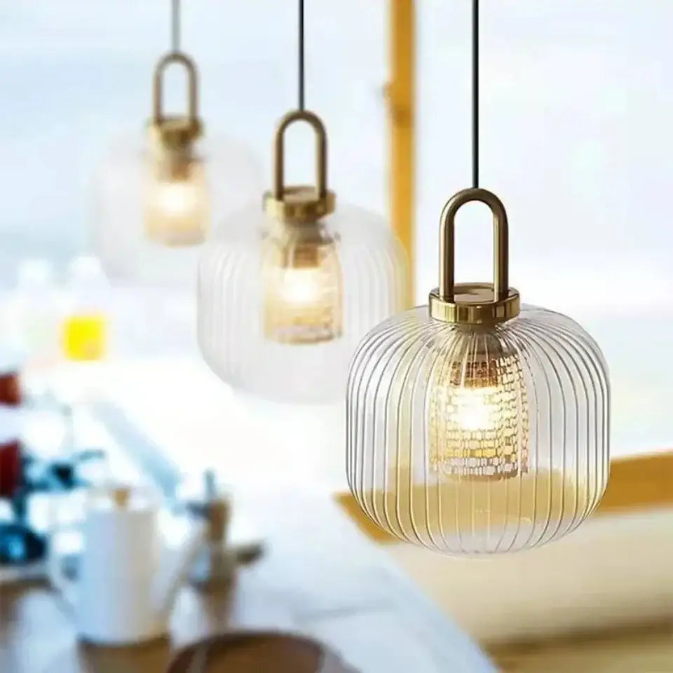 Decorbites™ nordic deer head wall lamp featuring clear glass pendant light with vertical ridges and brass fixture