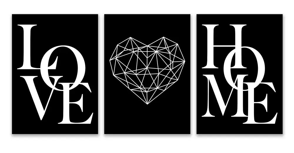 Decorbites nordic diamond heart canvas prints set featuring black and white triptych wall art with diamond heart design