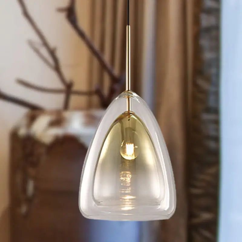 DecorBites™ nordic double glass cone pendant light fixture with clear teardrop glass shade and gold champagne suspension