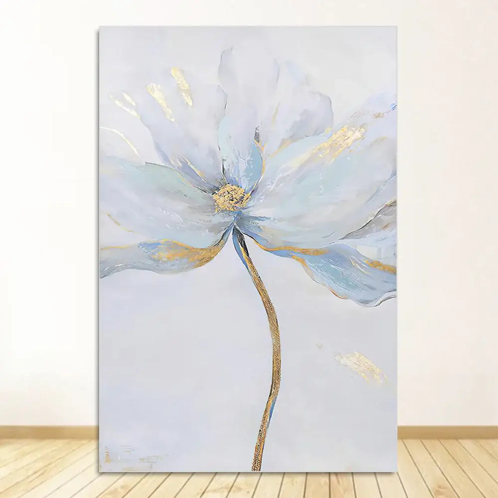 DecorBites nordic flower abstract canvas art print featuring delicate blue white petals with gold accents on gray background