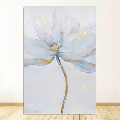 DecorBites nordic flower abstract canvas art print featuring delicate blue white petals with gold accents on gray background