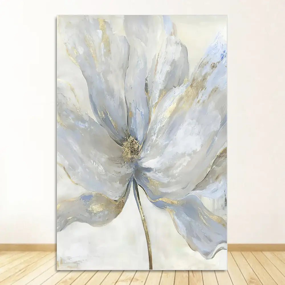 Decorbites™ nordic flower abstract canvas art print with large ethereal flower in gray white and gold leaf accents