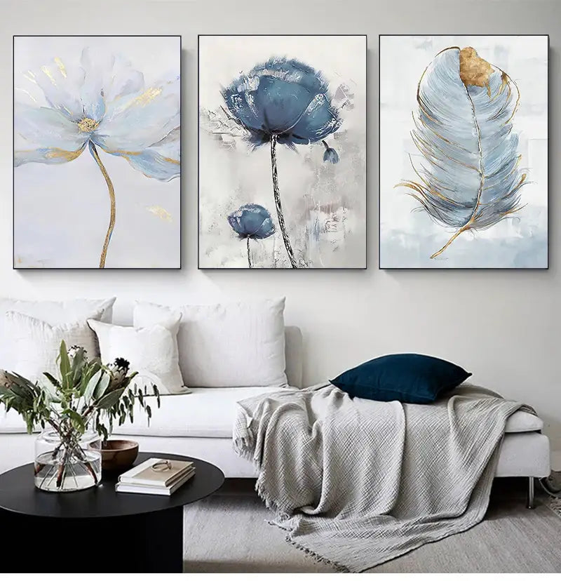 Set of three framed DecorBites™ nordic flower abstract canvas art prints featuring muted blue white and gold tones