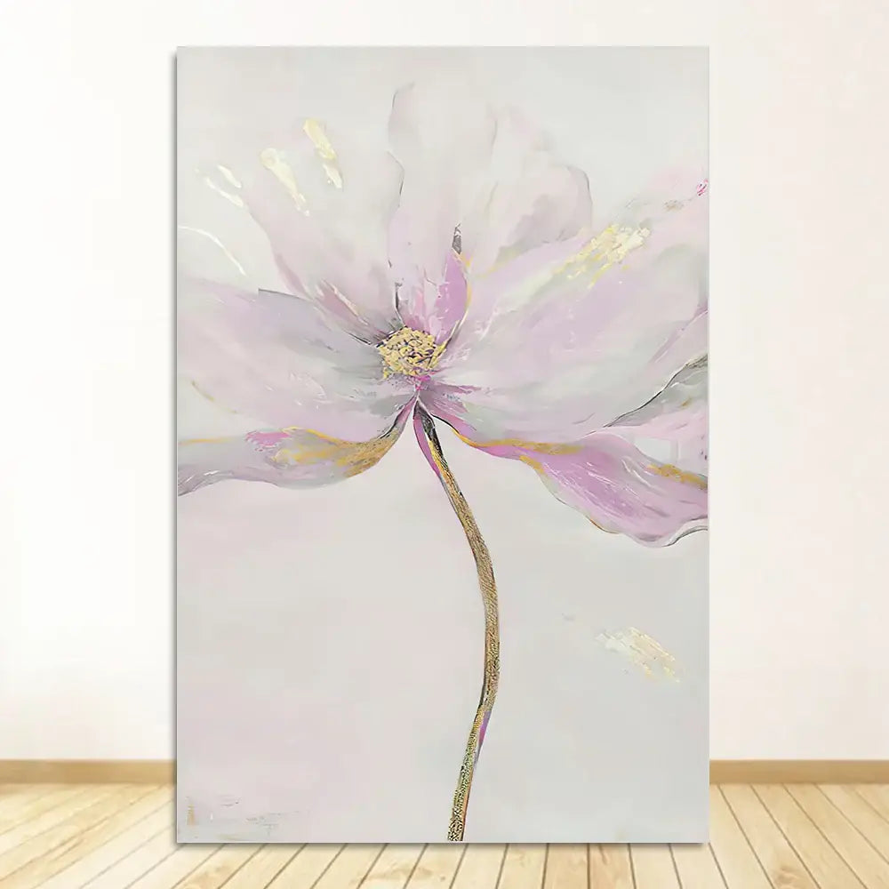 DecorBites™ nordic flower abstract canvas art print featuring soft pink white flower abstract with gold accents on canvas
